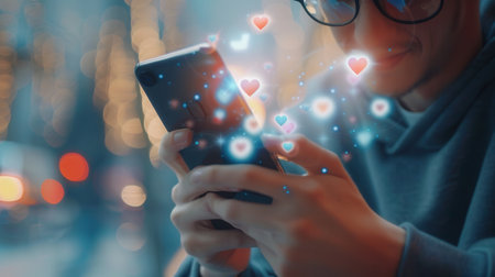 A man is using his smartphone outdoors, surrounded by shimmering heart icons representing likes and engagements on social media.の素材