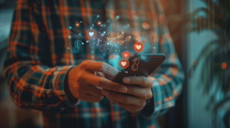 A man interacts with his smartphone, surrounded by floating icons representing likes and social media engagement in a modern indoor environment.の素材