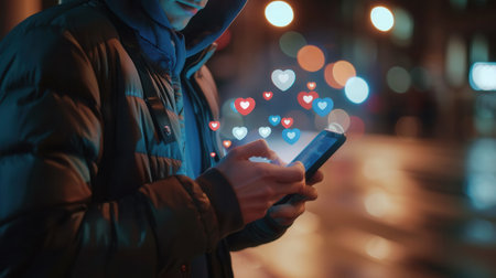 A man interacts with his smartphone in a vibrant urban environment at night, surrounded by floating likes and hearts symbols representing social media engagement.の素材