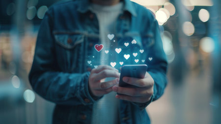 A man interacts with his smartphone while heart-like icons appear, reflecting engagement and communication on social media platforms.の素材