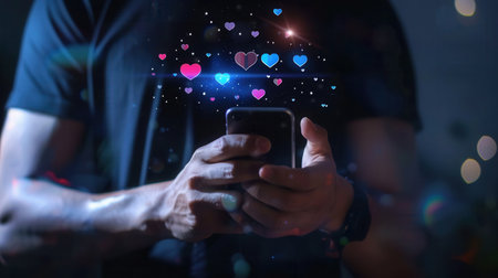 A man interacts with his smartphone at night, surrounded by floating icons representing likes and hearts, highlighting social media engagement.の素材