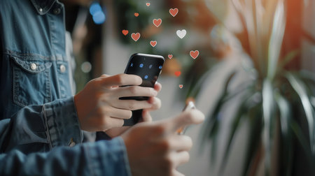 A man interacts with his smartphone as likes and hearts appear, highlighting the impact of social media on communication.の素材