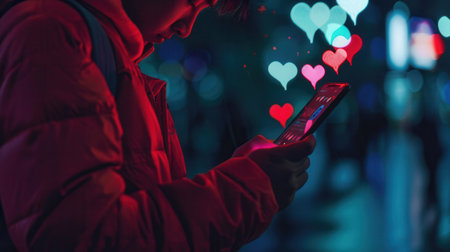 A man is focused on his smartphone as colorful heart icons appear around him, illustrating the impact of social media in the evening ambiance.の素材