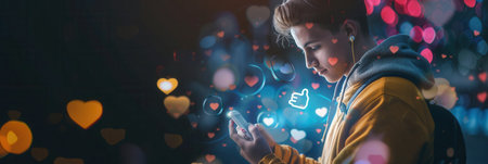 A young man looks at his smartphone, immersed in social media as glowing like icons surround him, creating a vibrant digital atmosphere.の素材