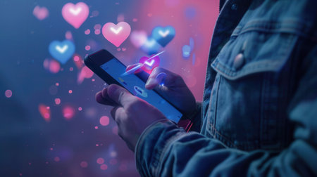 A person interacts with their smartphone while colorful like icons float around, highlighting digital communication in a vibrant setting.の素材