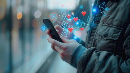 A man is actively using his smartphone while interacting with floating social media icons, including likes and messages, in an urban environment.の素材