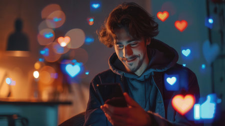 A man smiles while using his smartphone, surrounded by dynamic social media interaction symbols, highlighting a modern digital communication experience.の素材