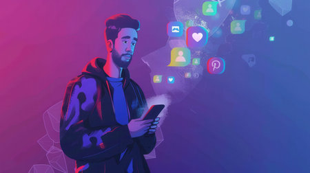 A man interacts with his smartphone, surrounded by floating social media icons, immersed in a vibrant digital atmosphere during the evening.の素材
