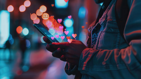 A man interacts with his smartphone at night, illuminated by city lights, as heart icons float around, representing engagement and social connection.の素材