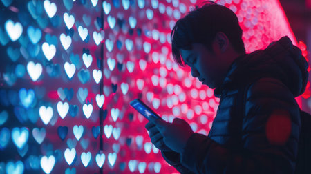 A man uses his smartphone, focused on social media interactions amid a vibrant backdrop of heart-shaped icons illuminating the dark surroundings.の素材