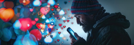 A man interacts with his smartphone at night, surrounded by colorful floating icons representing likes and social media engagement.の素材