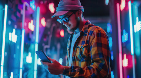 A man in a checked shirt uses his smartphone while colorful social media likes icons illuminate the vibrant surroundings at night.の素材