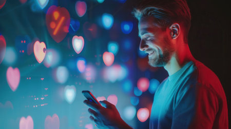 A man is joyfully using his smartphone, surrounded by glowing icons representing likes on social media platforms in a dark environment.の素材