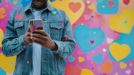 A man checks his smartphone, captivated by social media as vibrant heart icons float around him.の素材