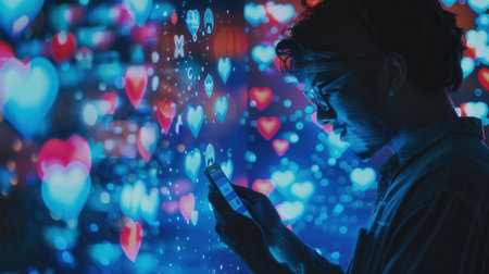 A man actively engages with his smartphone as vibrant icons of likes and hearts float around him in a digital environment.の素材