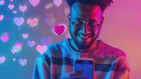 A man smiles at his smartphone, engaged in social media interaction as floating likes icons appear around him, creating a vibrant atmosphere of connectivity.の素材