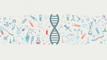 A double helix DNA strand is surrounded by various medical icons representing key elements of research and healthcare.の素材