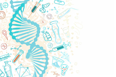 Double helix DNA strand interacts with medical icons like microscopes and test tubes, representing the intersection of genetics and healthcare.の素材