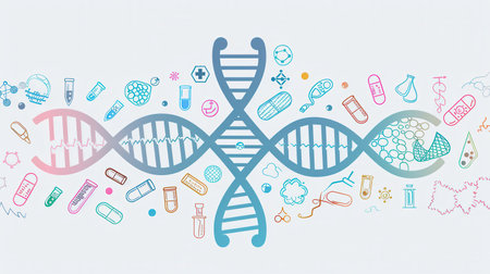 A double helix DNA strand is surrounded by various medical icons representing scientific research, health technologies, and innovations in modern healthcare.の素材