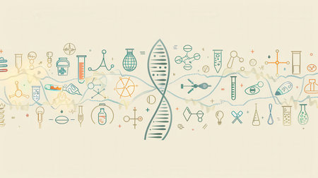 A double helix DNA strand is surrounded by various medical icons, illustrating the connection between genetics and health science.の素材