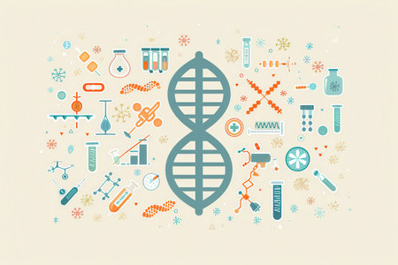 A vibrant double helix DNA strand is surrounded by diverse medical icons representing research, diagnostics, and healthcare innovation.の素材