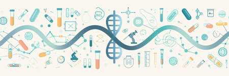 A DNA double helix is surrounded by various medical symbols representing scientific research and healthcare instruments.の素材