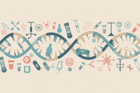 A double helix DNA strand is illustrated amid various medical icons, including microscopes and test tubes, highlighting the intersection of genetics and healthcare.の素材