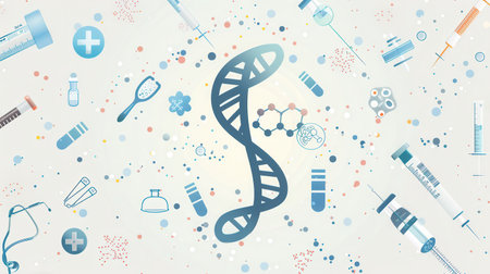 A double helix DNA strand is prominently featured, surrounded by various medical icons, including microscopes, test tubes, and stethoscopes.の素材