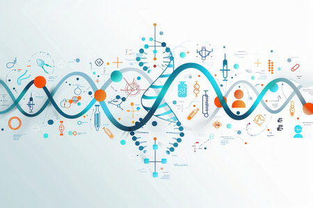 A vibrant double helix DNA strand is showcased with various medical icons, representing the connection between genetics and healthcare.の素材