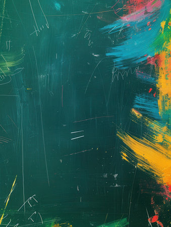 Vibrant brushstrokes fill a dark green chalkboard, reflecting creativity and artistic expression during a lively classroom activity.の素材