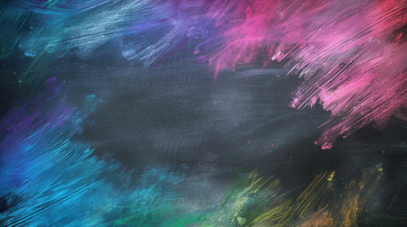 Colorful brushstrokes cover a dark green chalkboard, adding an artistic touch to the learning environment, inviting creativity and inspiration.の素材