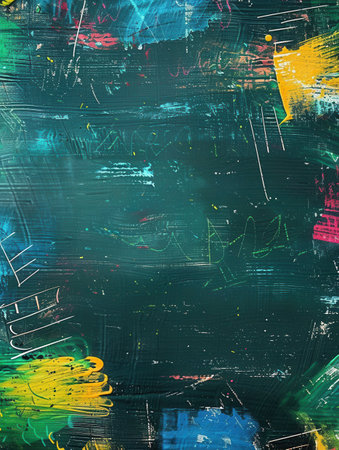 A dark green chalkboard is filled with vibrant brushstrokes of color, showing creativity and artistic expression in a classroom environment.の素材
