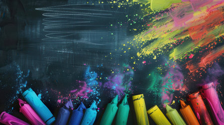Bright brushstrokes adorn a dark green chalkboard, while colorful crayons rest below, capturing the essence of creativity during art class.の素材