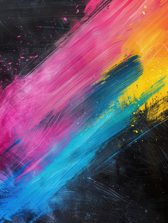 Colorful brushstrokes in various shades blend harmoniously on a dark green chalkboard, showing artistic creativity during an afternoon session.の素材