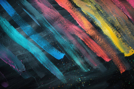 Bright, colorful strokes adorn a dark green chalkboard, showcasing a playful expression of creativity in an engaging educational environment.の素材