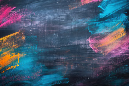 Vibrant brushstrokes in bright colors bring life to a dark green chalkboard, showcasing artistic expression during an engaging classroom activity.の素材