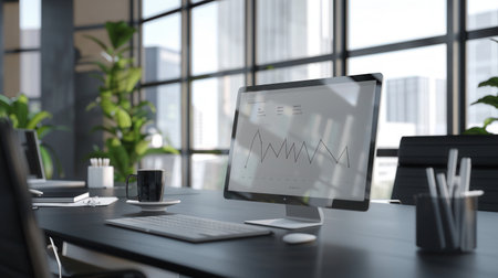 A sleek modern workspace filled with natural light overlooks city views, showcasing a computer displaying data analysis and a fresh coffee cup on the desk.の素材