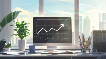 A sleek office space features a large monitor showing a growth chart with increasing trends, illuminated by sunlight from expansive windows.の素材