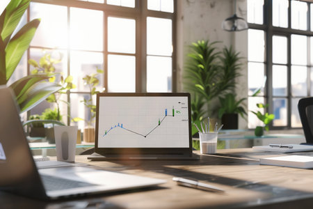 A sleek office features large windows with natural light illuminating a workspace, showing a laptop displaying data analysis and greenery around.の素材