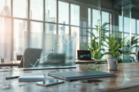 A sleek workspace with large windows illuminating a table featuring a growth graph, laptop, glasses, and a coffee cup, fostering productivity and creativity.の素材