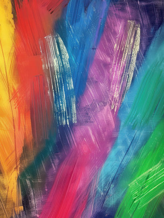 Bright, colorful brushstrokes are painted across a dark green chalkboard, creating an expressive and dynamic visual texture.の素材