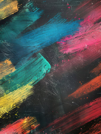 Bright brushstrokes of blue, green, pink, and yellow adorn a dark green chalkboard, showing creativity in an artistic environment.の素材