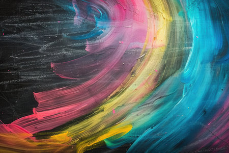 A dark green chalkboard is adorned with vibrant brushstrokes of pink, yellow, and blue, transforming it into a colorful canvas of creativity.の素材