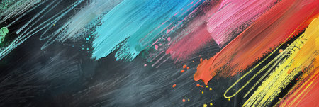 Colorful brushstrokes blend on a dark green chalkboard, showcasing artistic expression in a classroom setting filled with creativity.の素材