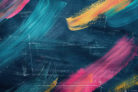Vibrant brushstrokes in various colors vividly adorn a dark green chalkboard, showingcasing creativity in an artistic environment.の素材