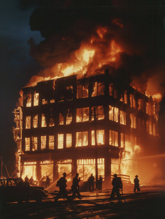 Firefighters are actively combating a massive blaze engulfing a multi-story building, with flames threatening nearby structures.の素材