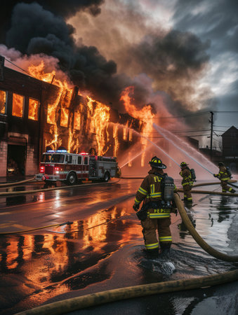 Firefighters work tirelessly to extinguish a raging fire consuming a multi-story building, fighting flames and smoke while other nearby structures burn.の素材