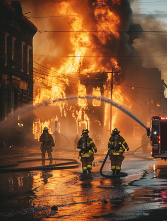 Firefighters work tirelessly to control a raging inferno engulfing a multi-story building amid other burning structures.の素材