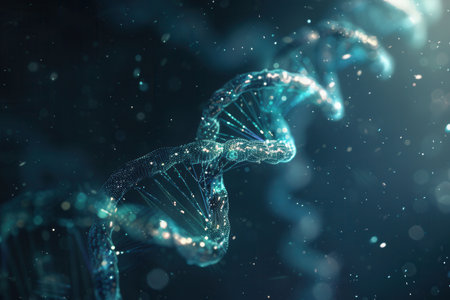 An abstract portrayal showcases a double helix structure of DNA surrounded by sparkling elements, evoking a sense of wonder and exploration in science.の素材