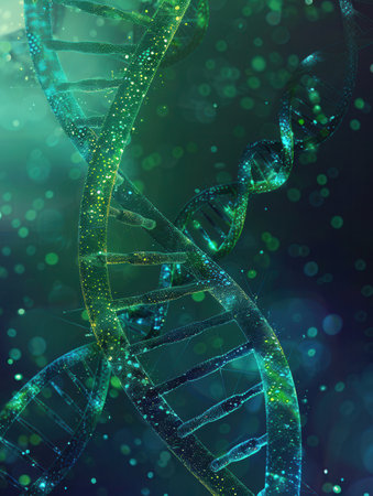 A captivating abstract representation of a luminous double helix DNA structure against a backdrop of deep green and blue hues.の素材